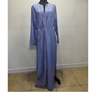 Love by Gap Womens Maxi Dress Medium Blue White Stripe Belted Linen Blend